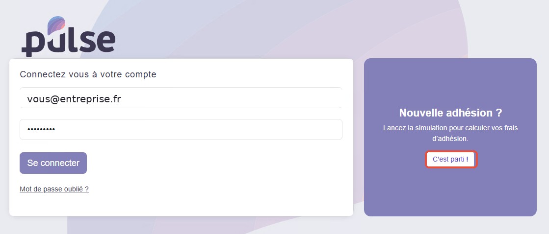 Page d'accueil avec le bouton C'est parti pour démarrer la simulation d'adhésion