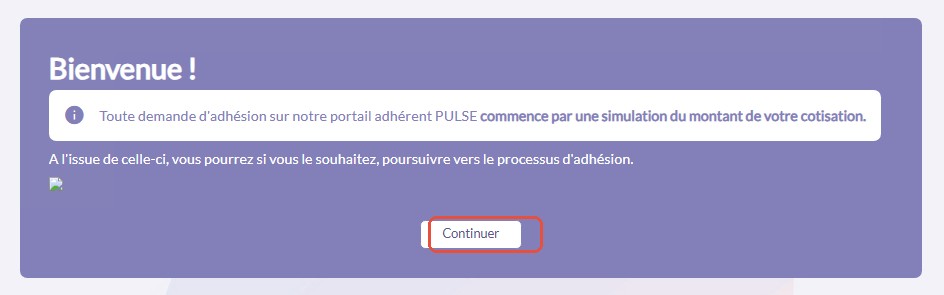 Écran de bienvenue avec le bouton Continuer