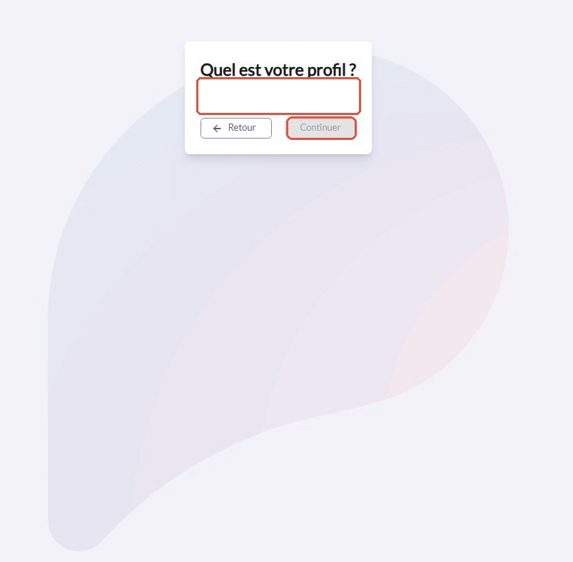 Écran Quel est votre profil avec le bouton Continuer inactif et le choix Employeur/Indépendant absent
