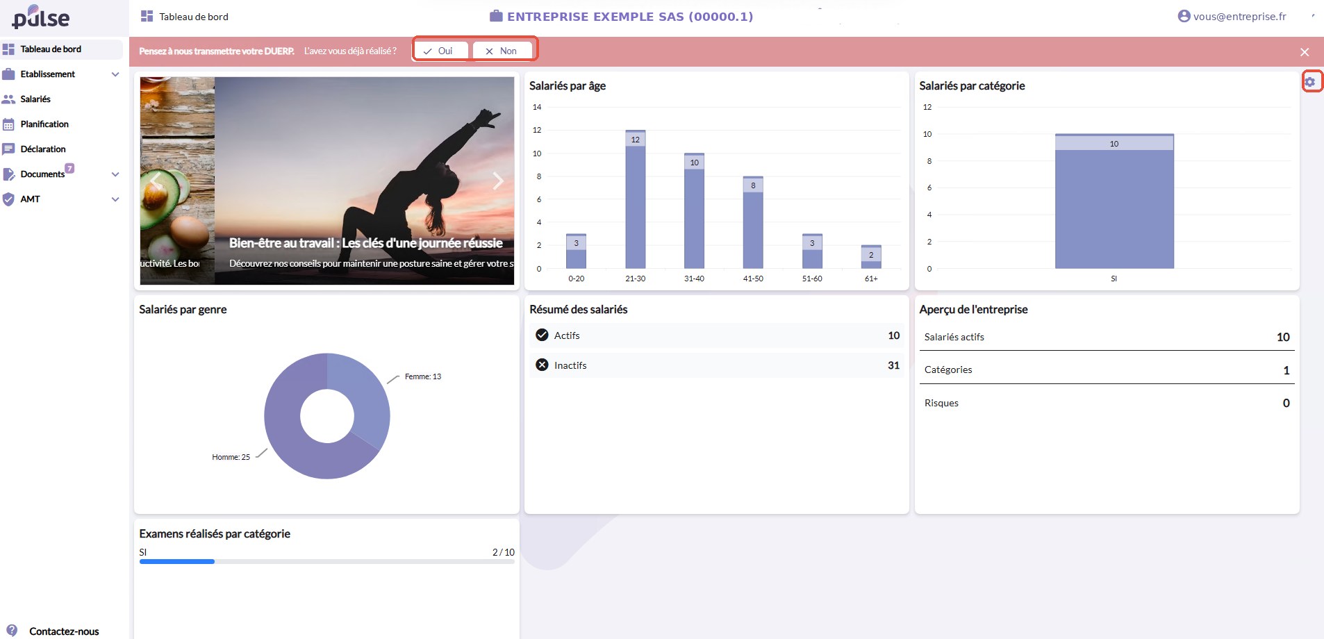 Tableau de bord avec graphiques salariés et bandeau de rappel DUERP