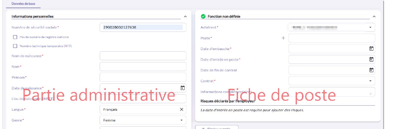Formulaire d'ajout d'un salarié avec partie administrative et fiche de poste