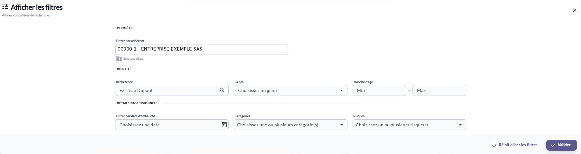 Fenêtre Afficher les filtres avec les critères de recherche