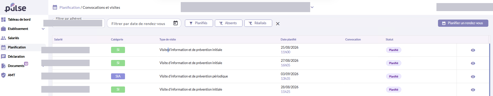 Écran Planification – Convocations et visites