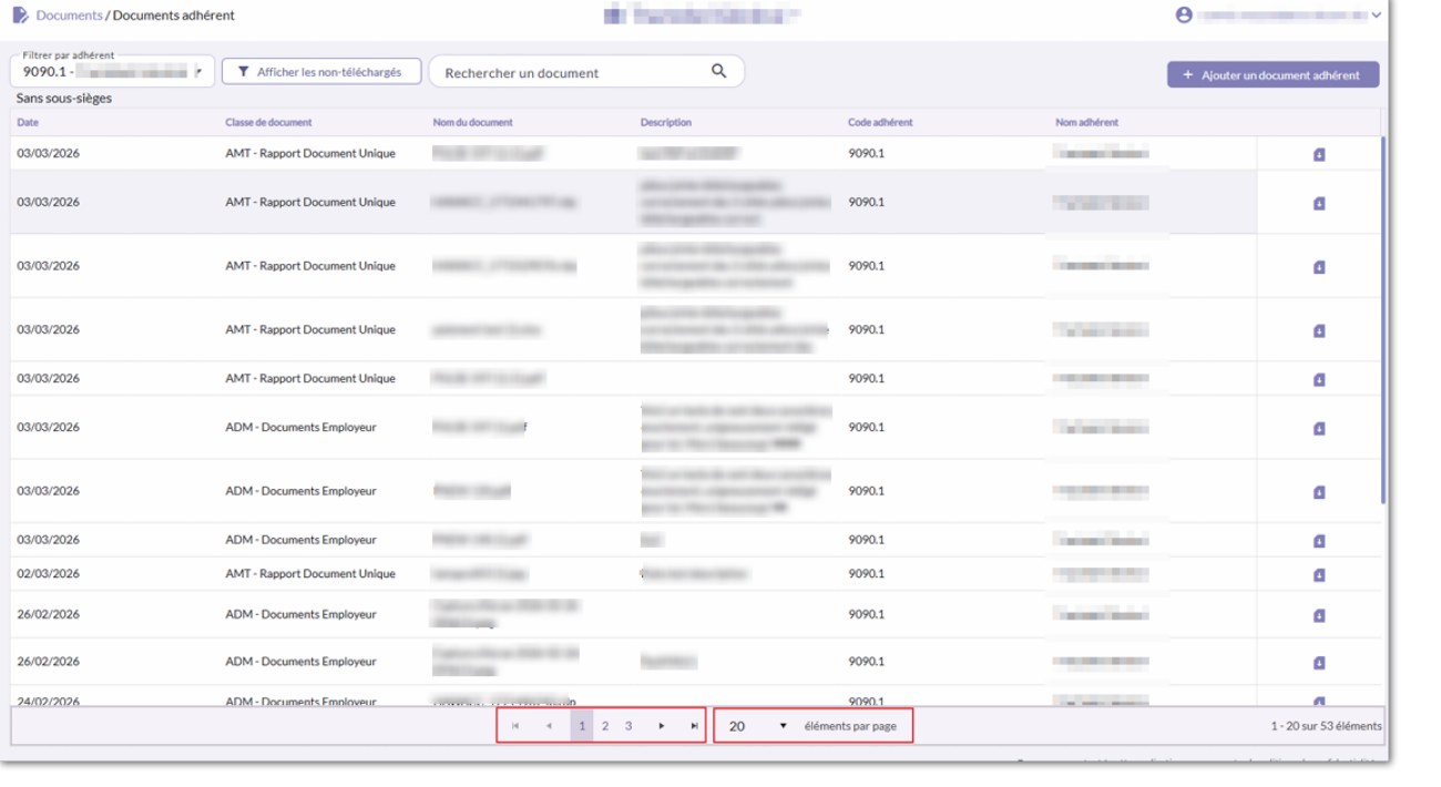 Écran Documents adhérent avec liste des documents et pagination
