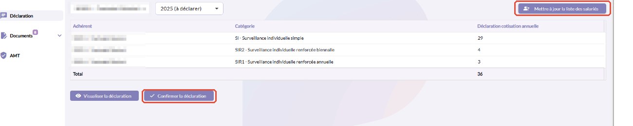 Écran de déclaration des effectifs avec récapitulatif par catégorie