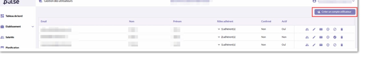 Écran Gestion des utilisateurs avec le bouton Créer un compte utilisateur