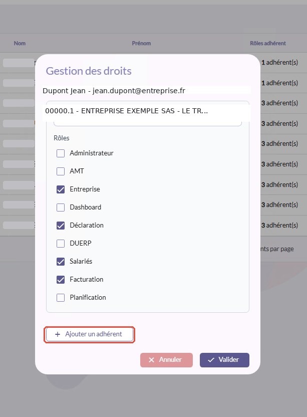 Fenêtre Gestion des droits avec le bouton Ajouter un adhérent encadré