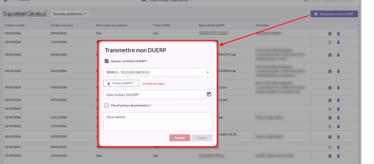 Écran DUERP avec historique et fenêtre de transmission ouverte