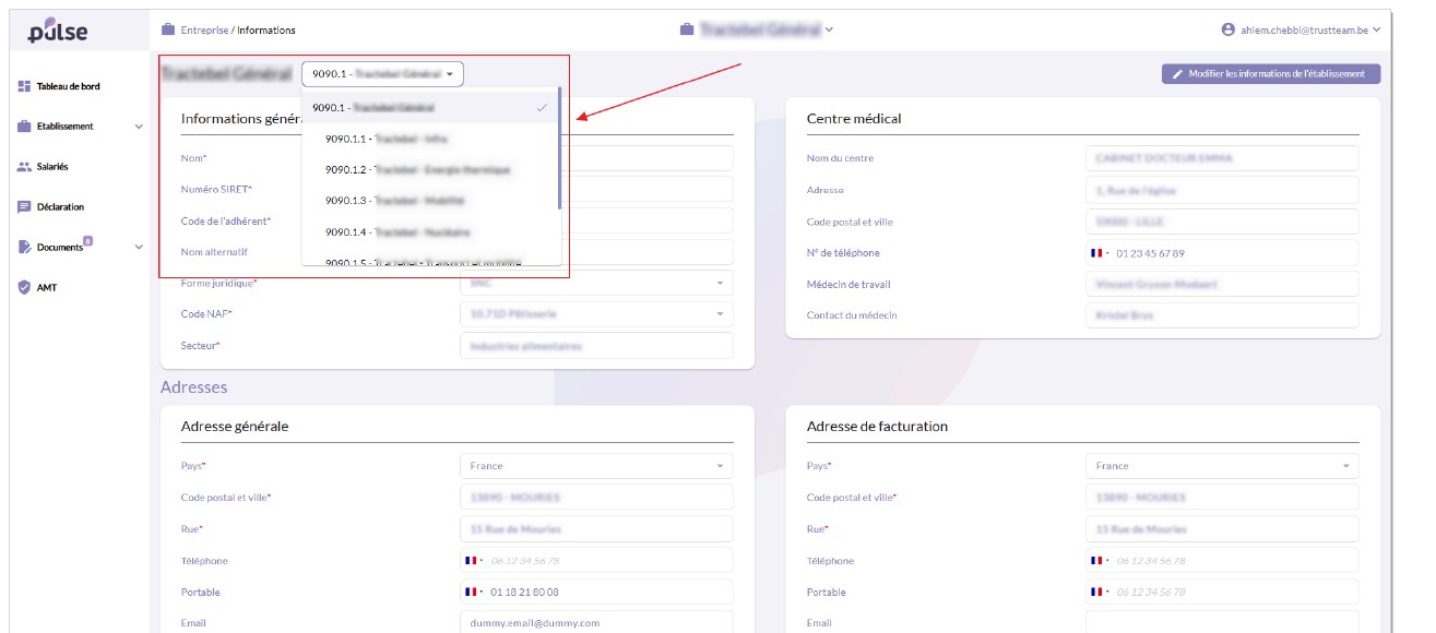 Écran des informations de l'établissement avec le sélecteur de siège et le bouton Modifier